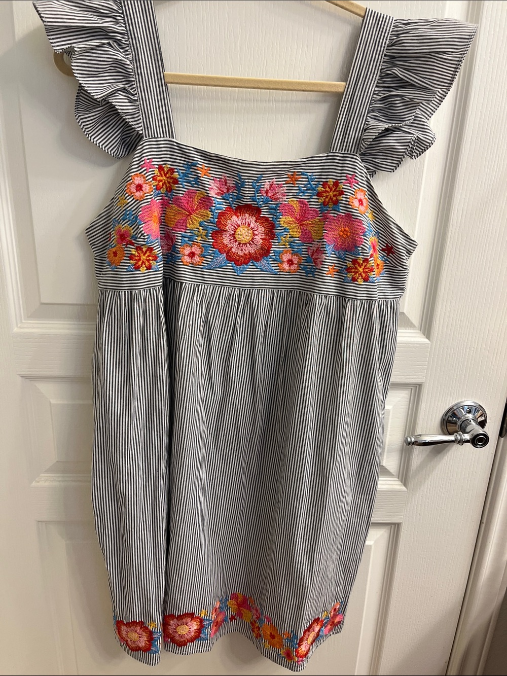 Savanna Jane Blue-and-White Striped Sundress with Bright Floral Embroidery